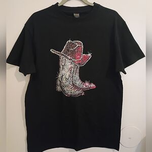 Promod Black Women's Heavyweight Classic Fit T-Shirt Cowboy Boots Print Sz L